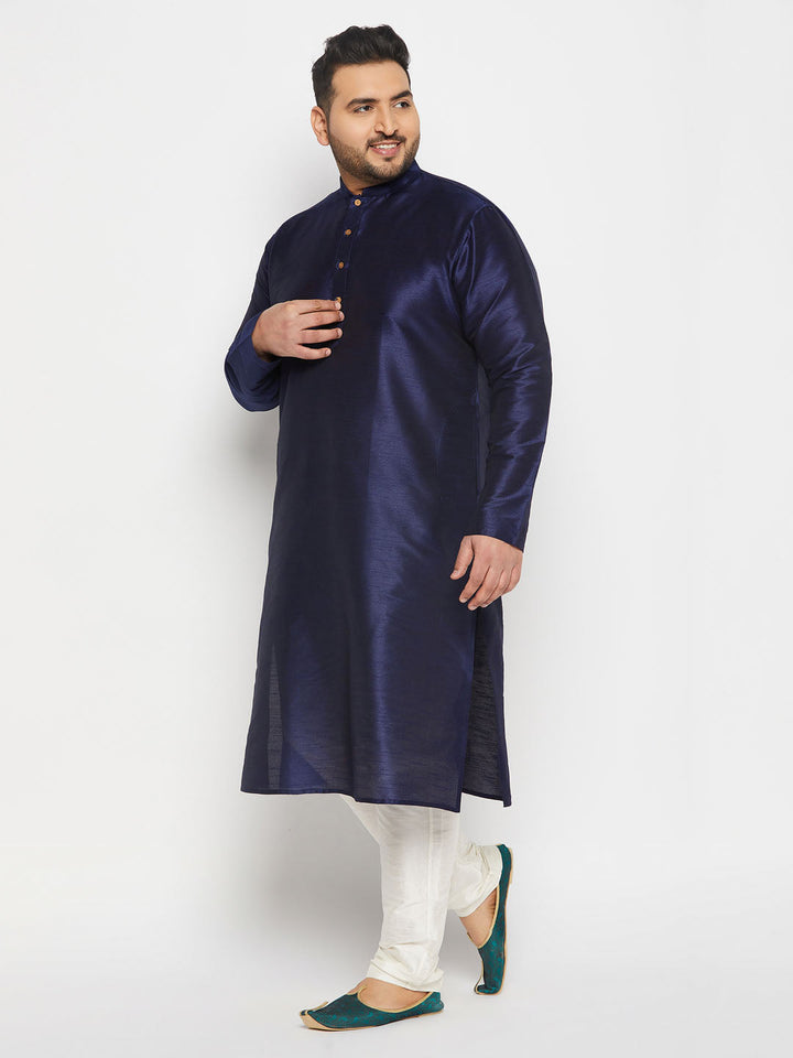 VASTRAMAY Men's Plus Size Navy Blue Silk Blend Kurta and Cream Pant Style Pyjama Set