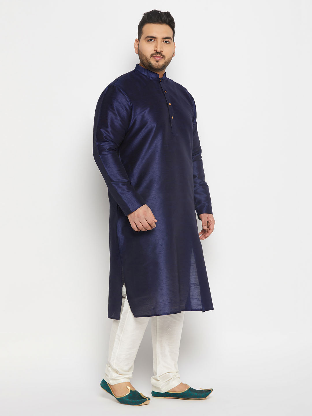 VASTRAMAY Men's Plus Size Navy Blue Silk Blend Kurta and Cream Pant Style Pyjama Set