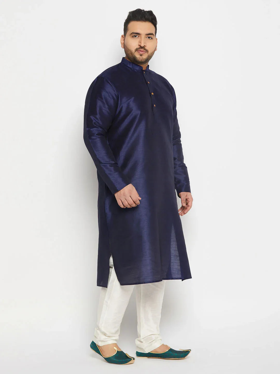 Men's Plus Size Navy Blue Silk Blend Kurta And Cream Pant Style Pyjama Set