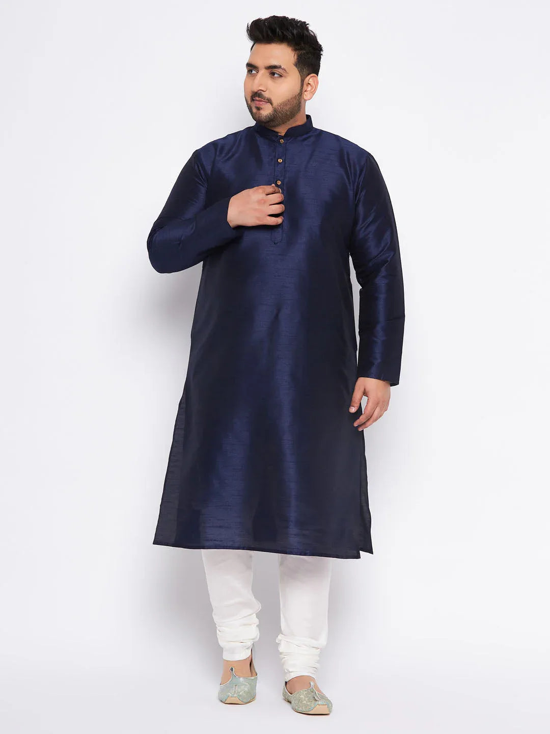 Men's Plus Size Navy Blue Silk Blend Kurta And Cream Pyjama Set