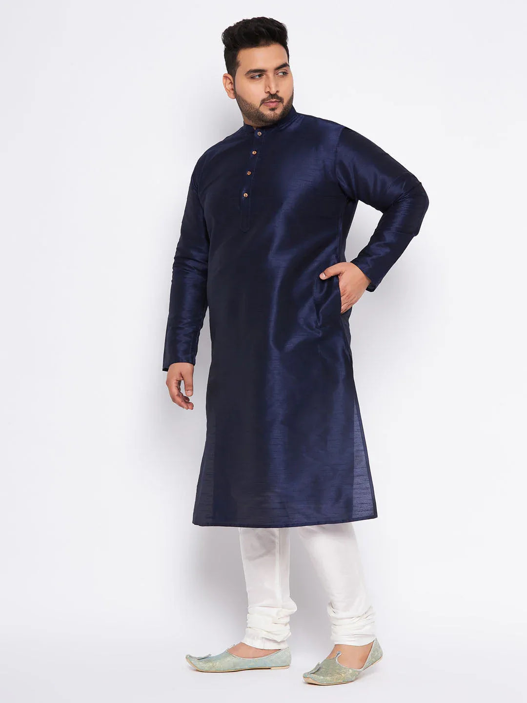 Men's Plus Size Navy Blue Silk Blend Kurta And Cream Pyjama Set