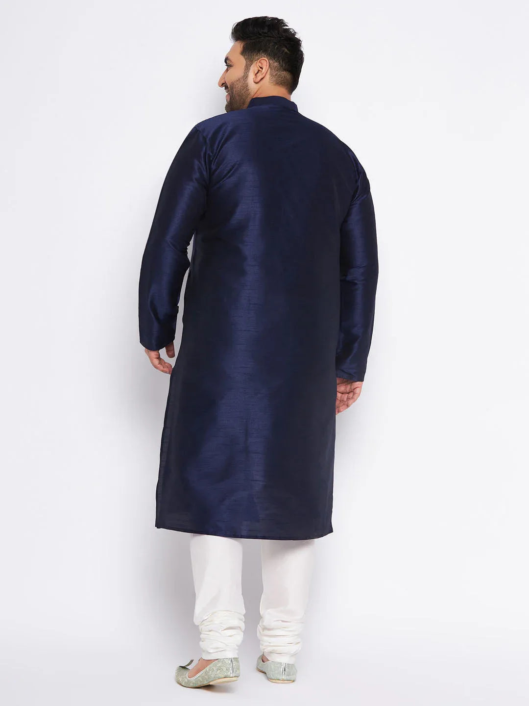 Men's Plus Size Navy Blue Silk Blend Kurta And Cream Pyjama Set