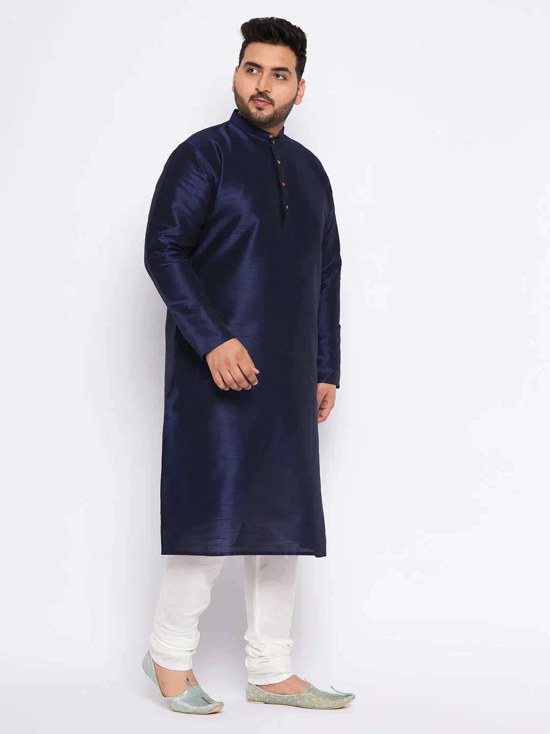 Men's Plus Size Navy Blue Silk Blend Kurta And Cream Pyjama Set