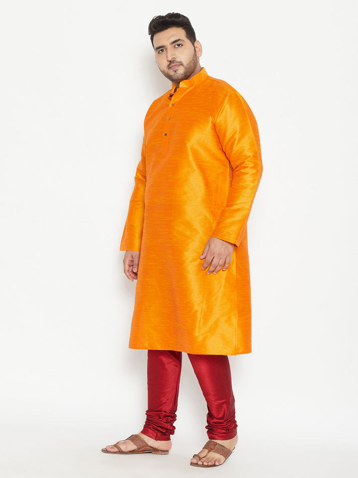 VASTRAMAY Men's Plus Size Orange Silk Blend Kurta Pyjama Set with intricate traditional embroidery and mandarin collar 