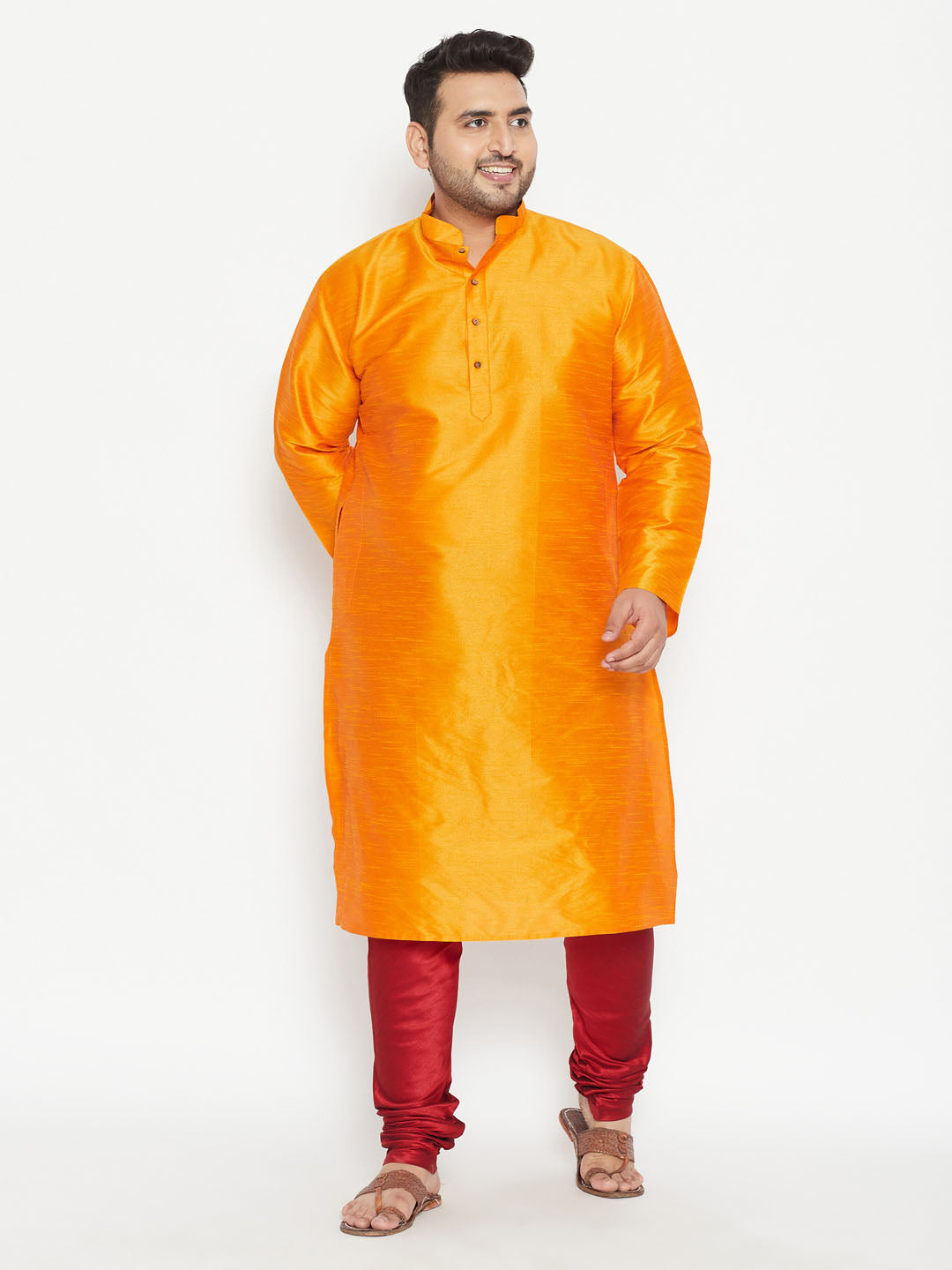 VASTRAMAY Men's Plus Size Orange And Maroon Silk Blend Kurta Pyjama Set