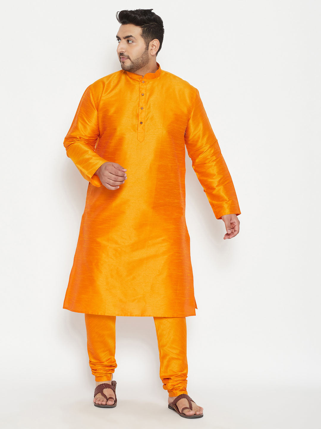 VASTRAMAY Men's Plus Size Orange Silk Blend Kurta Pyjama Set