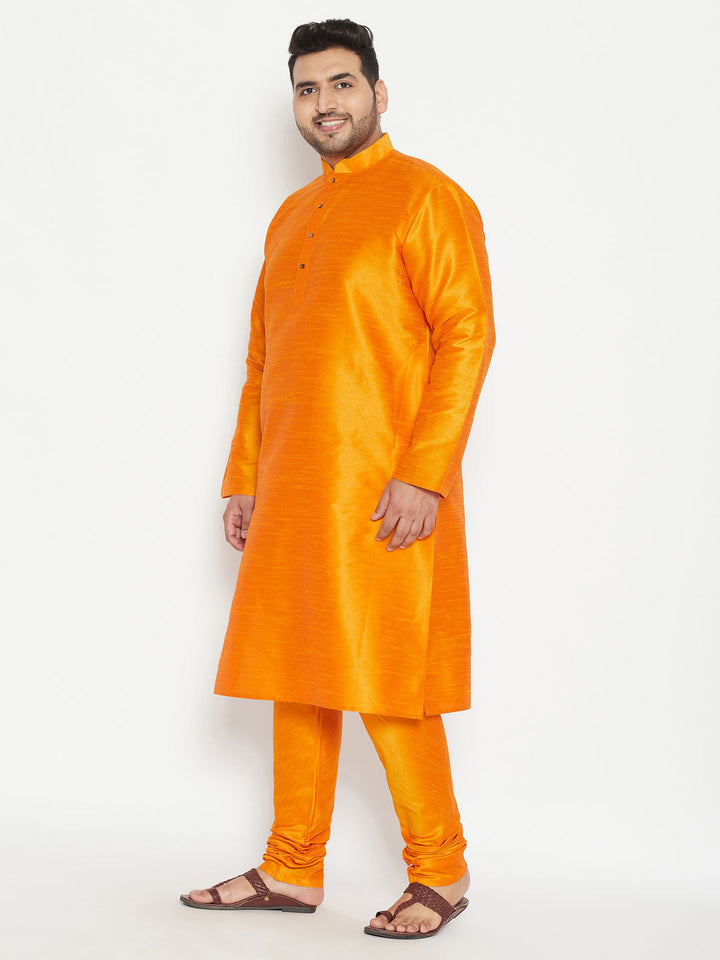 VASTRAMAY Men's Plus Size Orange Silk Blend Kurta Pyjama Set