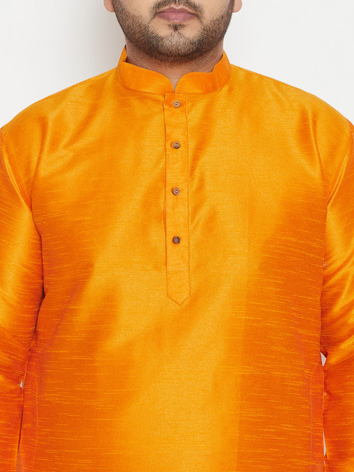 Vastramay Men's Orange Silk Kurta Pyjama for Traditional Indian Wear