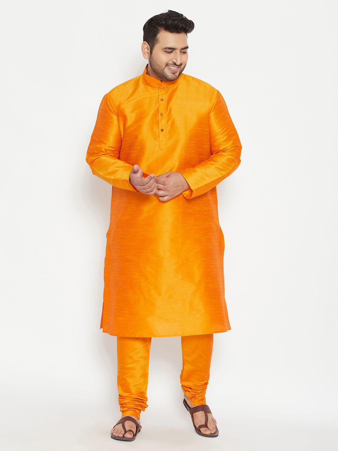 VASTRAMAY Men's Plus Size Orange Silk Blend Kurta Pyjama Set