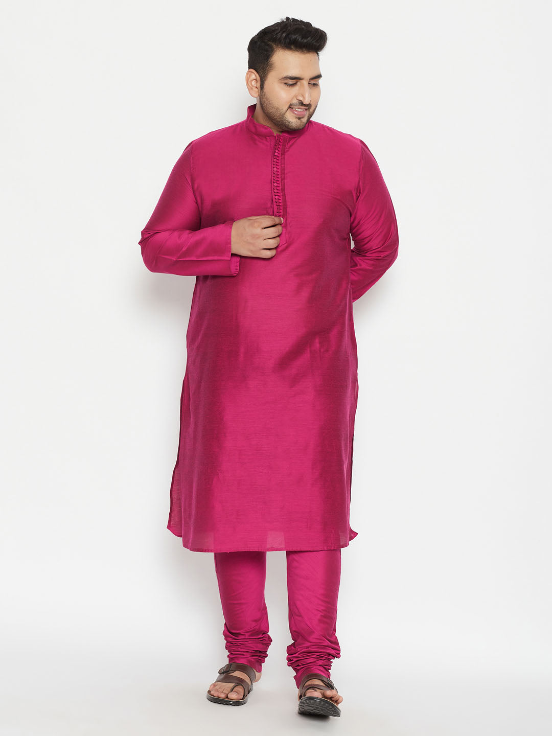 VASTRAMAY Men's Plus Size Fushia Pink Viscose Blend Kurta