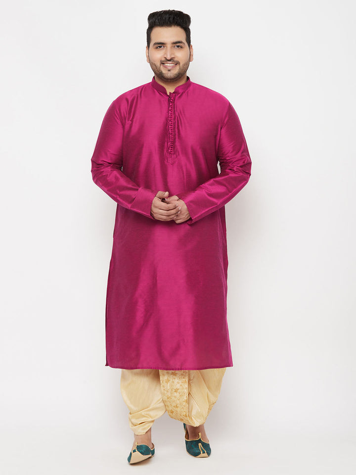 VASTRAMAY Men's Plus Size Fuchsia Silk Blend Kurta And Gold Dhoti Set for Festive Occasions