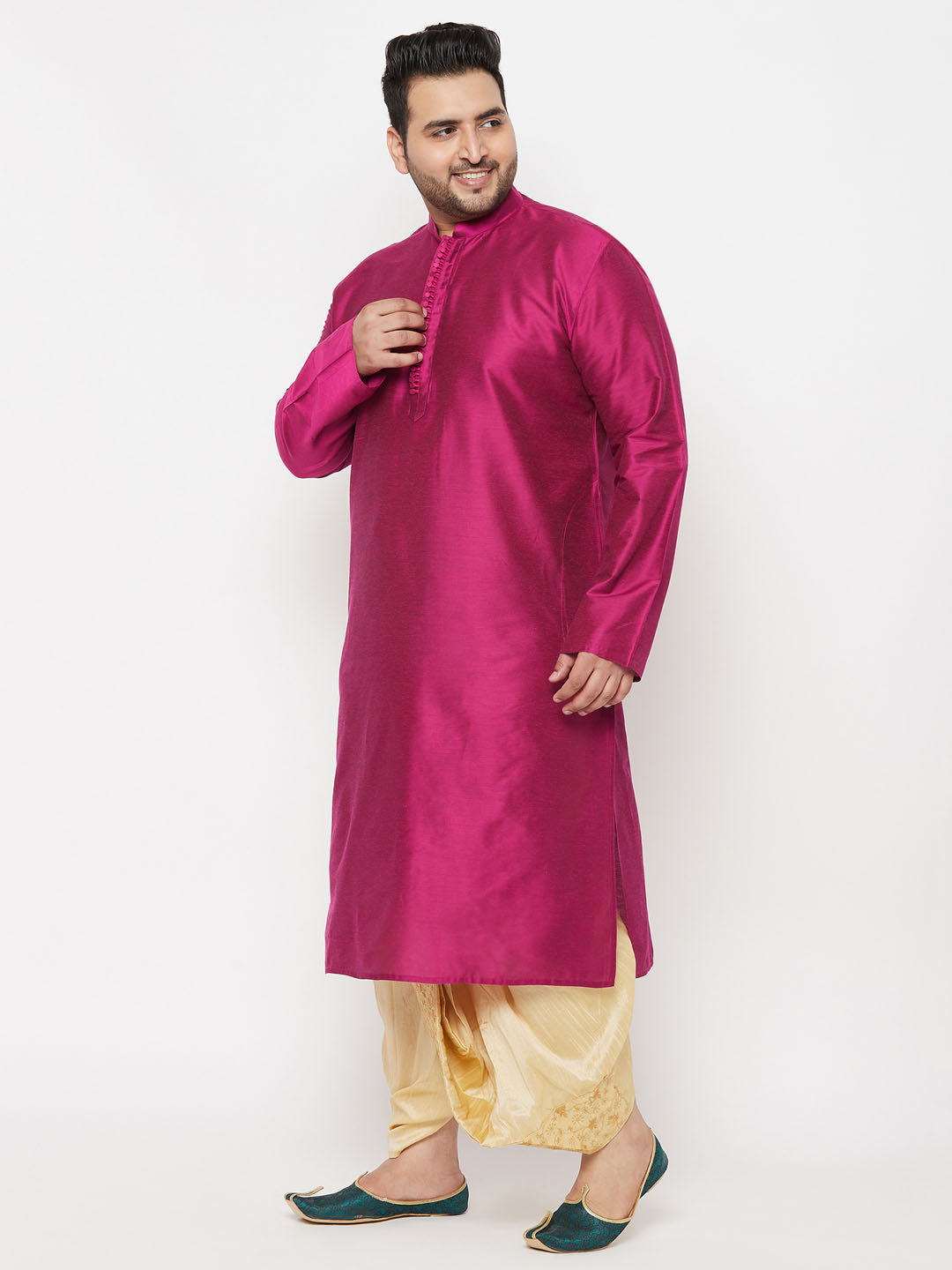 VASTRAMAY Men's Plus Size Fuchsia Silk Blend Kurta And Gold Dhoti Set