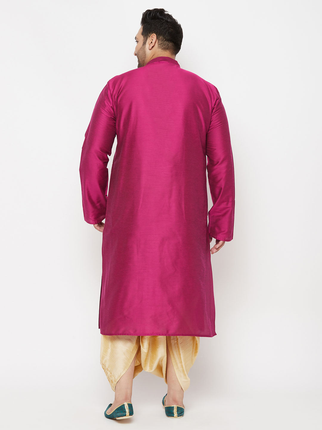 VASTRAMAY Men's Plus Size Fuchsia Silk Blend Kurta And Gold Dhoti Set, traditional Indian outfit for special occasions