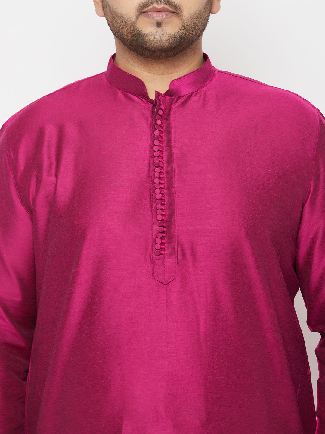 VASTRAMAY Men's Plus Size Fuchsia Silk Blend Kurta And Gold Dhoti Set