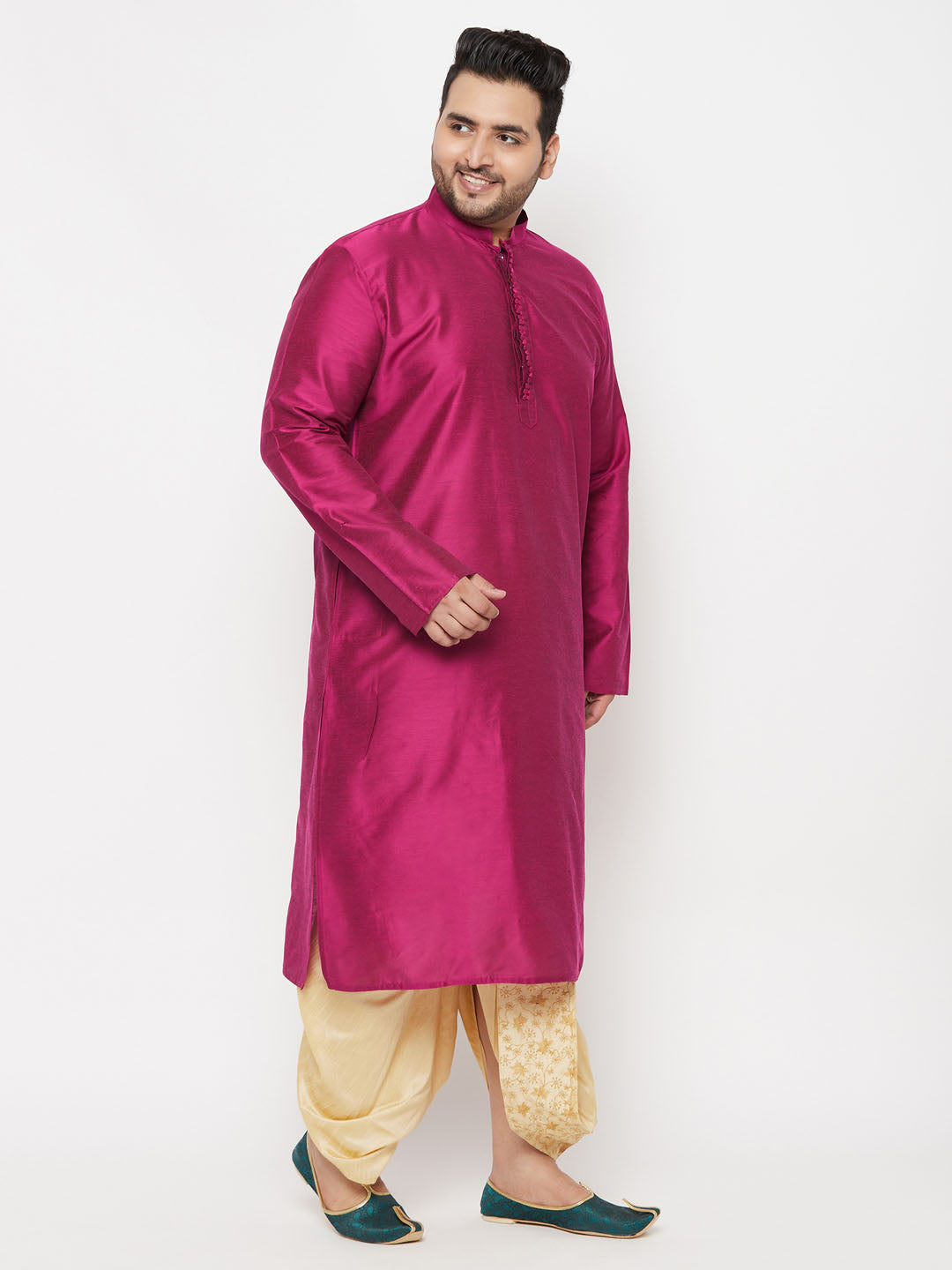 VASTRAMAY Men's Plus Size Fuchsia Silk Blend Kurta And Gold Dhoti Set, traditional Indian attire for special occasions and cultural events