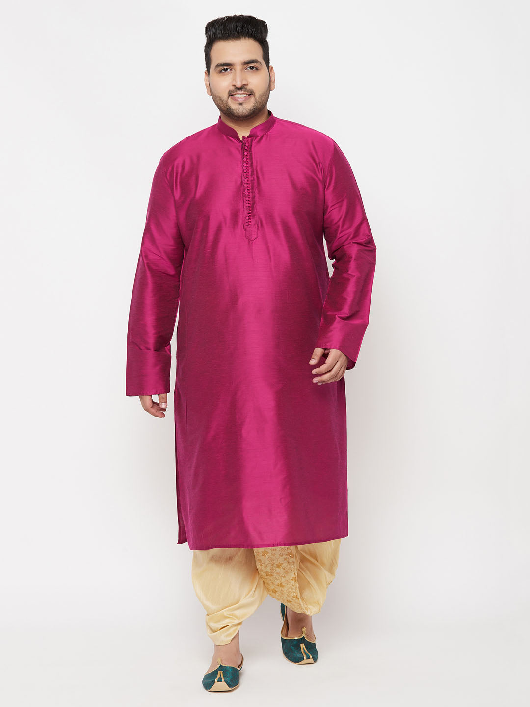 VASTRAMAY Men's Plus Size Fuchsia Silk Blend Kurta And Gold Dhoti Set