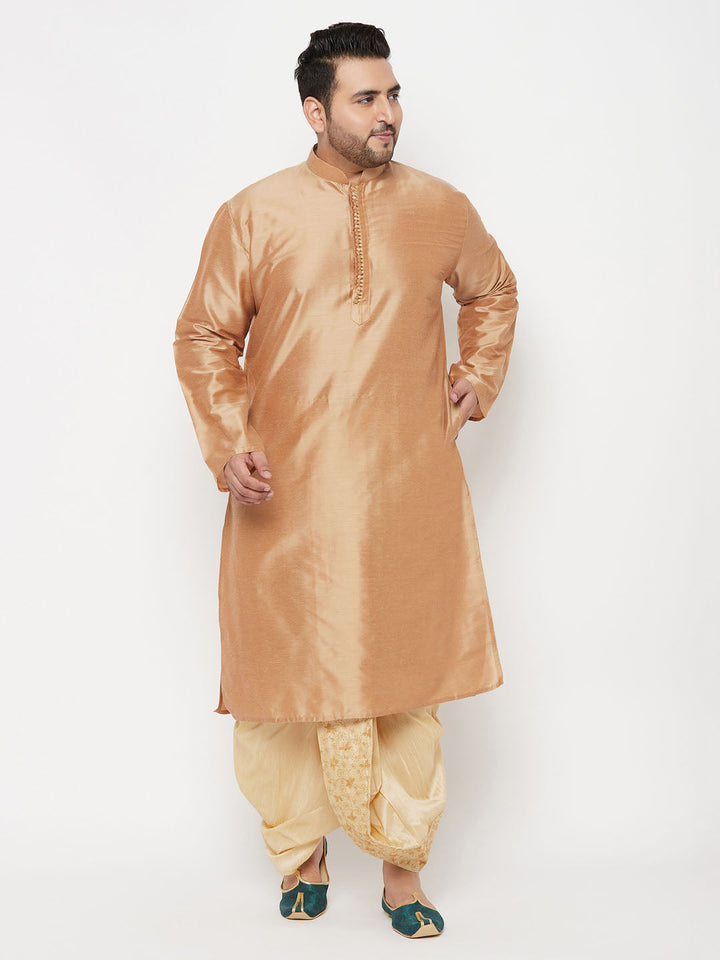 VASTRAMAY Men's Plus Size Rose Gold Silk Blend Kurta And Gold Dhoti Set