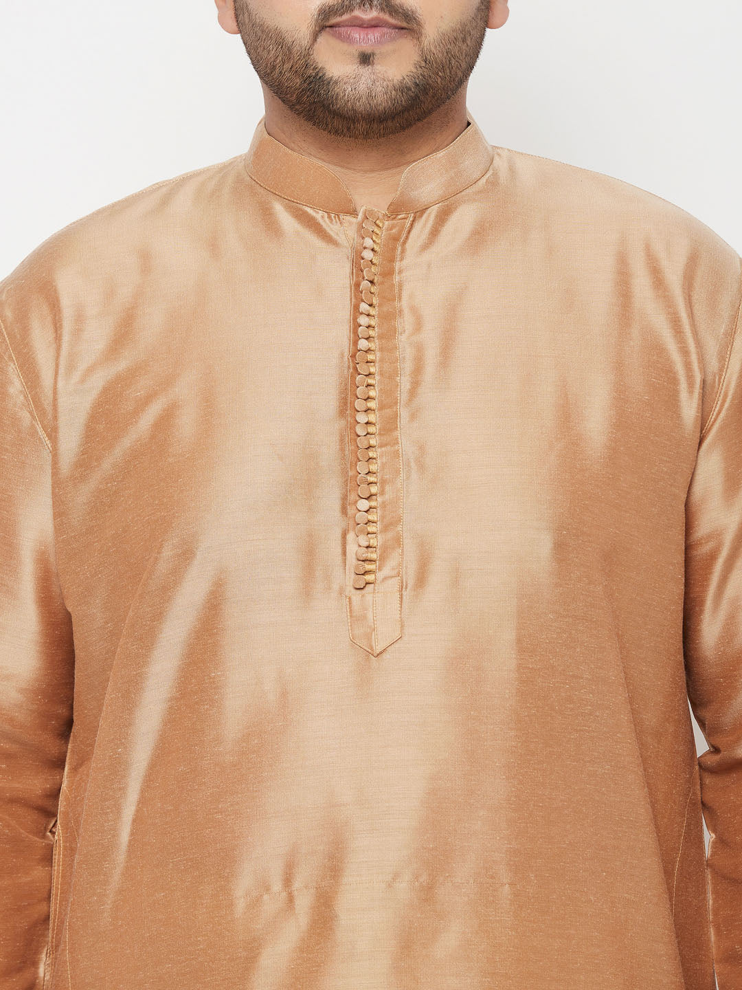 VASTRAMAY Men's Plus Size Rose Gold Silk Blend Kurta And Gold Dhoti Set