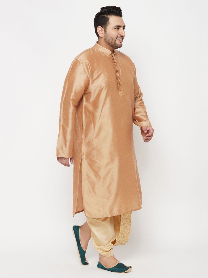 VASTRAMAY Men's Plus Size Rose Gold Silk Blend Kurta And Gold Dhoti Set