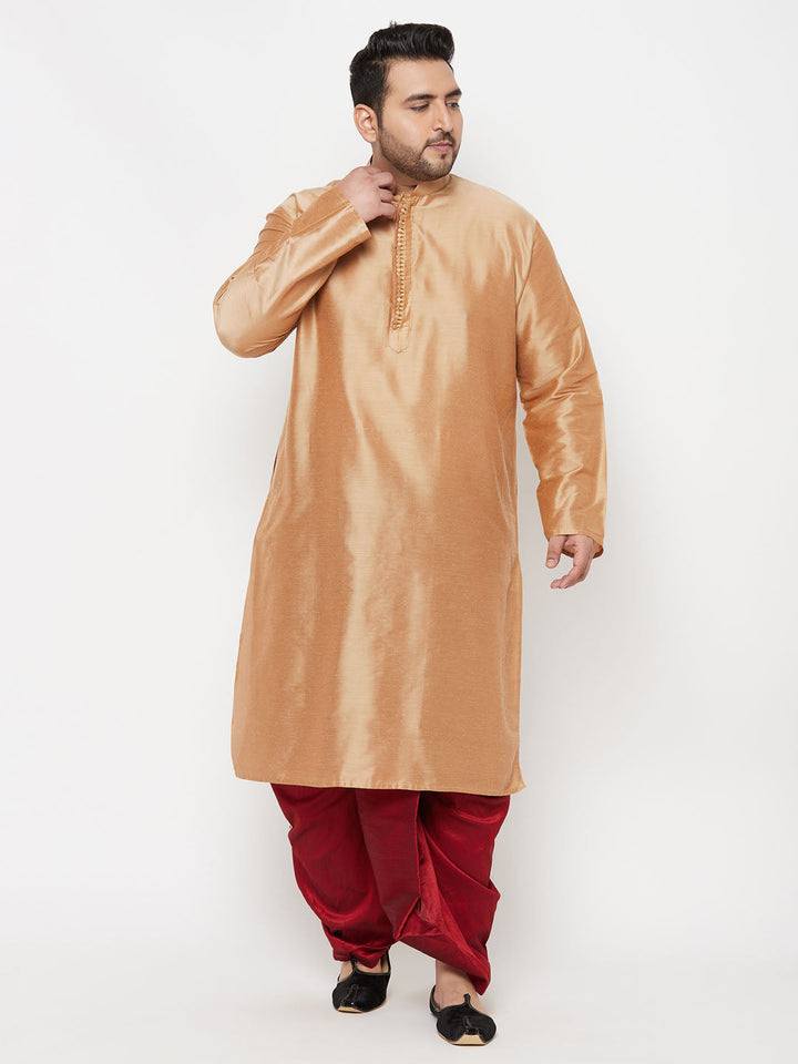 VASTRAMAY Men's Plus Size Rose Gold Silk Blend Kurta And Maroon Solid Dhoti Set