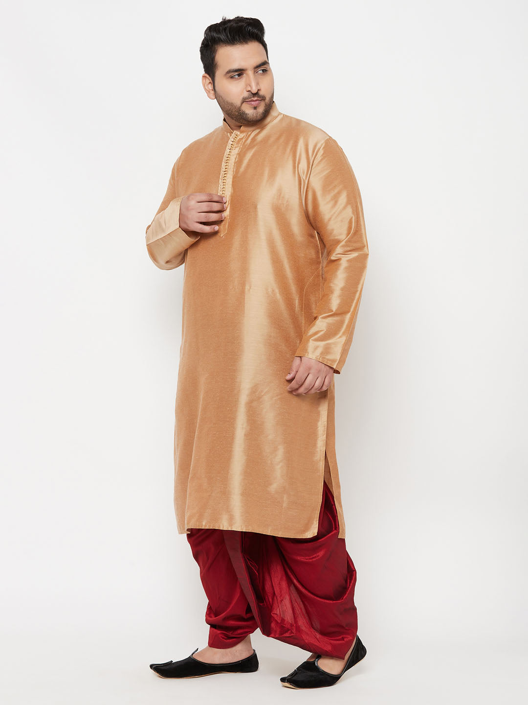 VASTRAMAY Men's Plus Size Rose Gold Silk Blend Kurta And Maroon Solid Dhoti Set