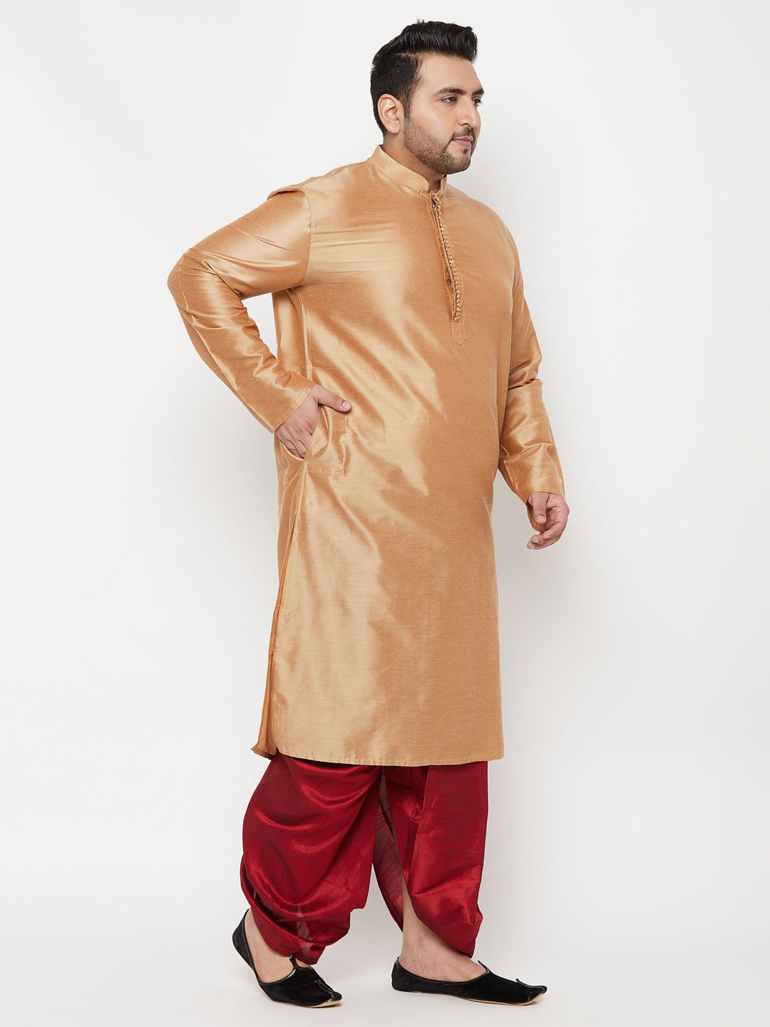 VASTRAMAY Men's Plus Size Rose Gold Silk Blend Kurta And Maroon Solid Dhoti Set