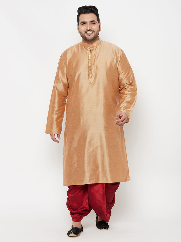 VASTRAMAY Men's Plus Size Rose Gold Silk Blend Kurta And Maroon Solid Dhoti Set