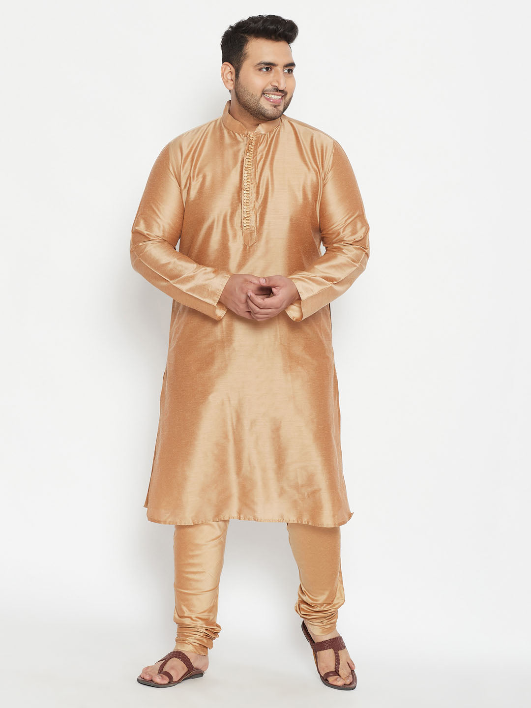 VASTRAMAY Men's Plus Size Rose Gold Viscose Blend Kurta Pyjama Set, a traditional Indian outfit for men, featuring a stylish rose gold color and made from a comfortable viscose blend fabric