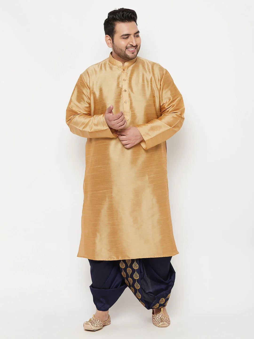 Men's Plus Size Rose Gold Silk Blend Kurta And Navy Blue Dhoti Set