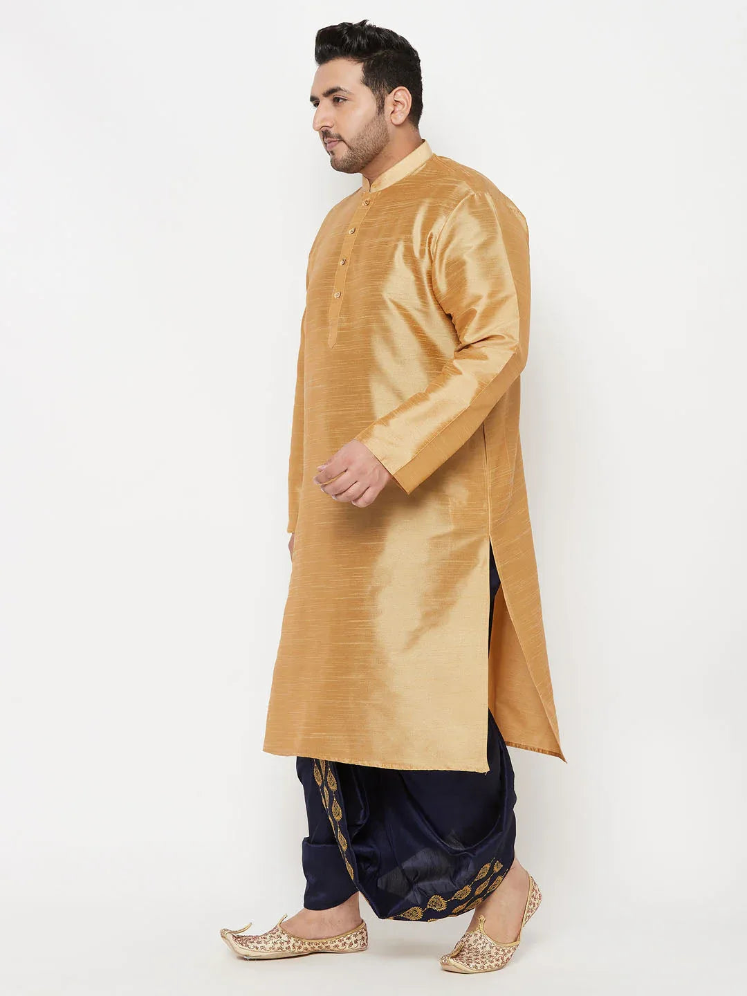Men's Plus Size Rose Gold Silk Blend Kurta And Navy Blue Dhoti Set