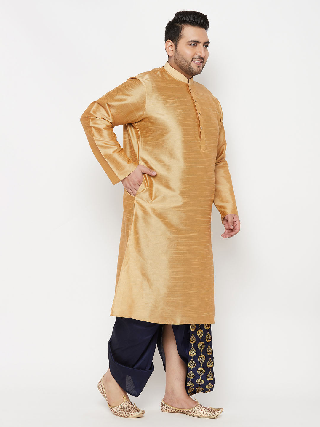 VASTRAMAY Men's Plus Size Rose Gold Silk Blend Kurta And Navy Blue Dhoti Set