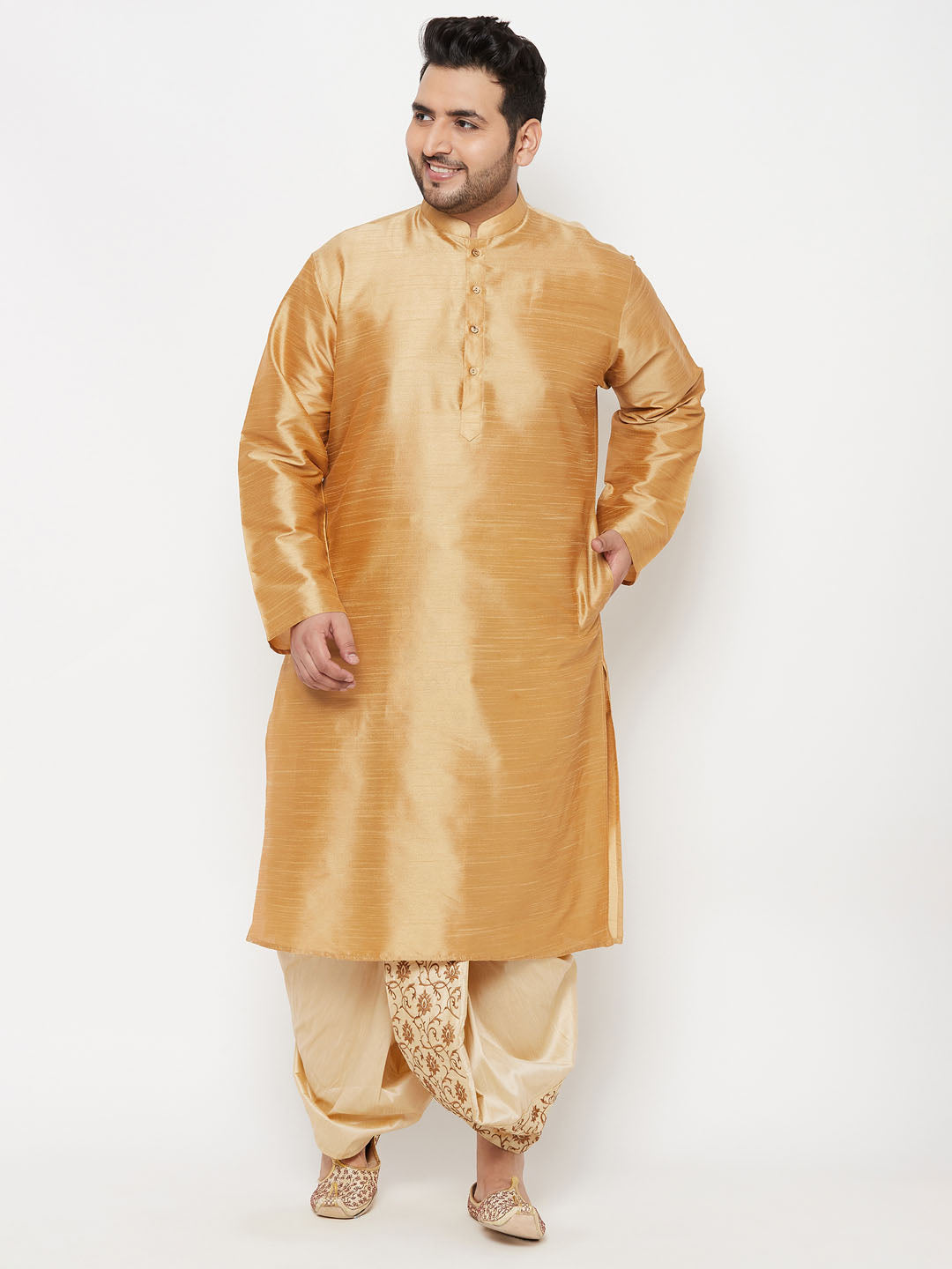 VASTRAMAY Men's Plus Size Rose Gold Silk Blend Kurta And Gold Dhoti Set - qivii
