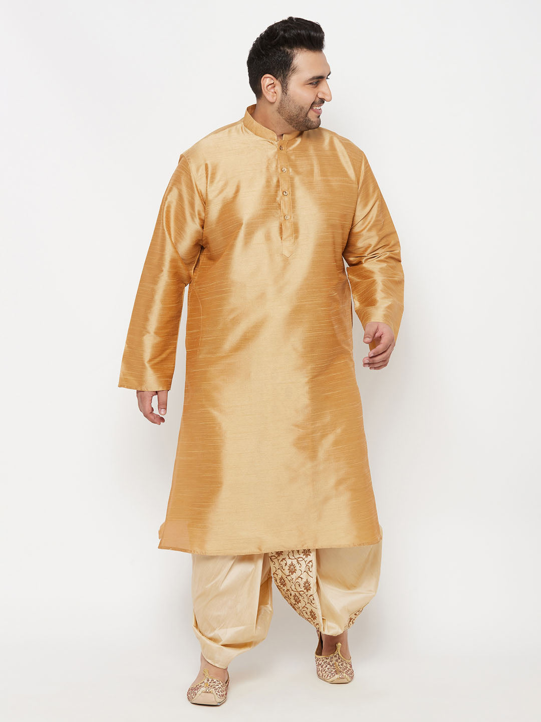 VASTRAMAY Men's Plus Size Rose Gold Silk Blend Kurta And Gold Dhoti Set - qivii