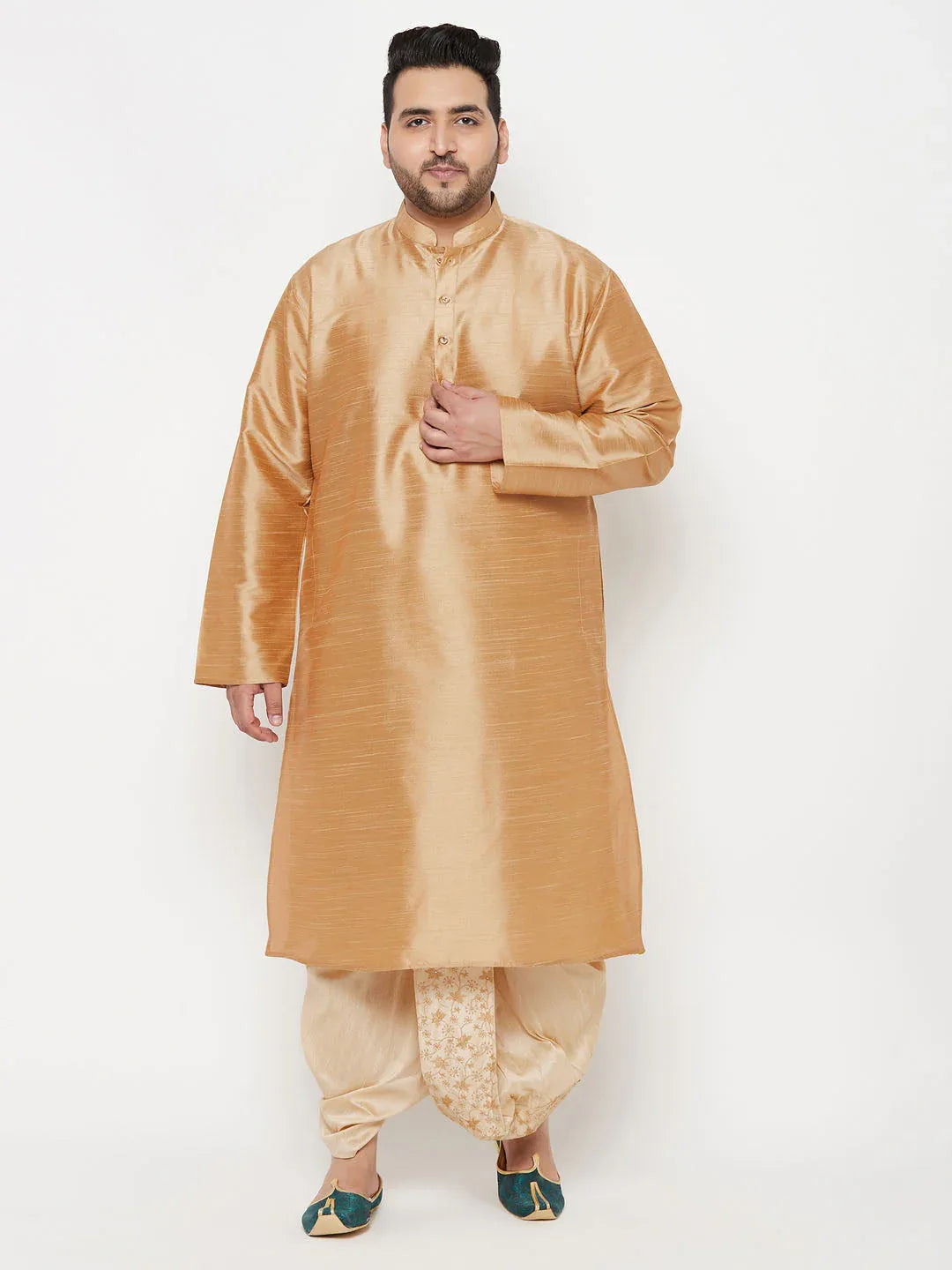 Men's Plus Size Rose Gold Silk Blend Kurta And Gold Dhoti Set
