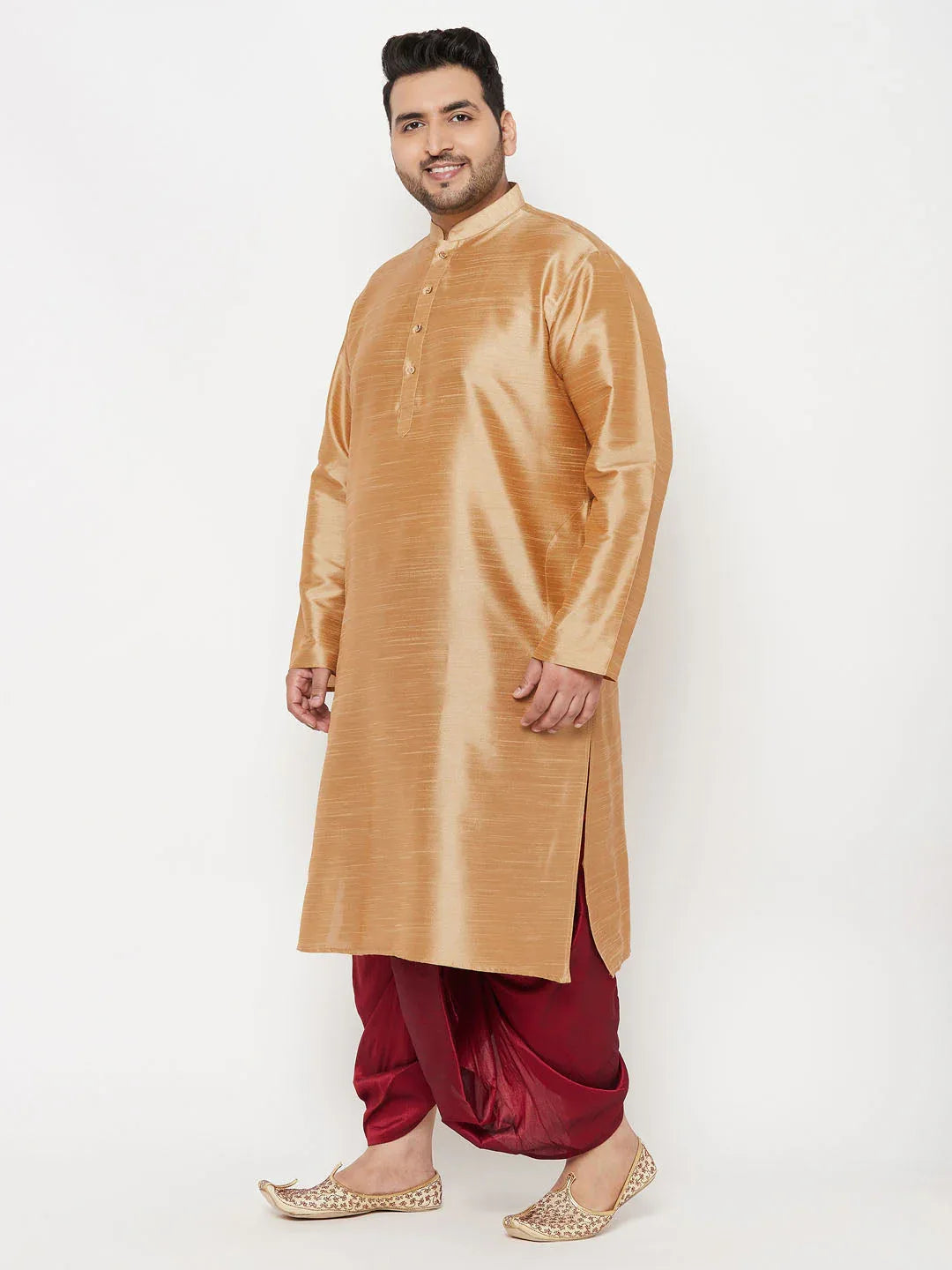 Men's Plus Size Rose Gold Silk Blend Kurta And Maroon Solid Dhoti Set