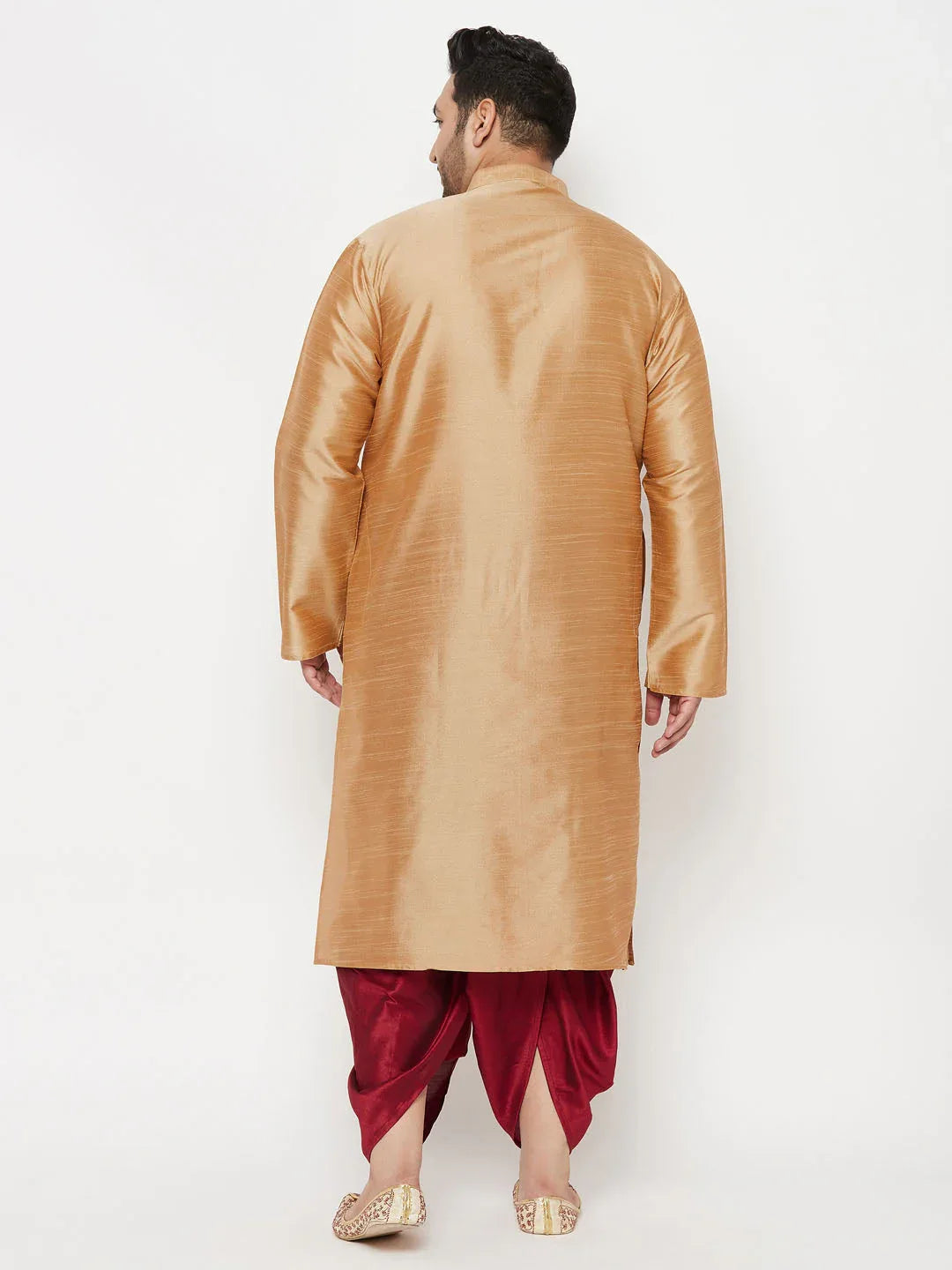 Men's Plus Size Rose Gold Silk Blend Kurta And Maroon Solid Dhoti Set