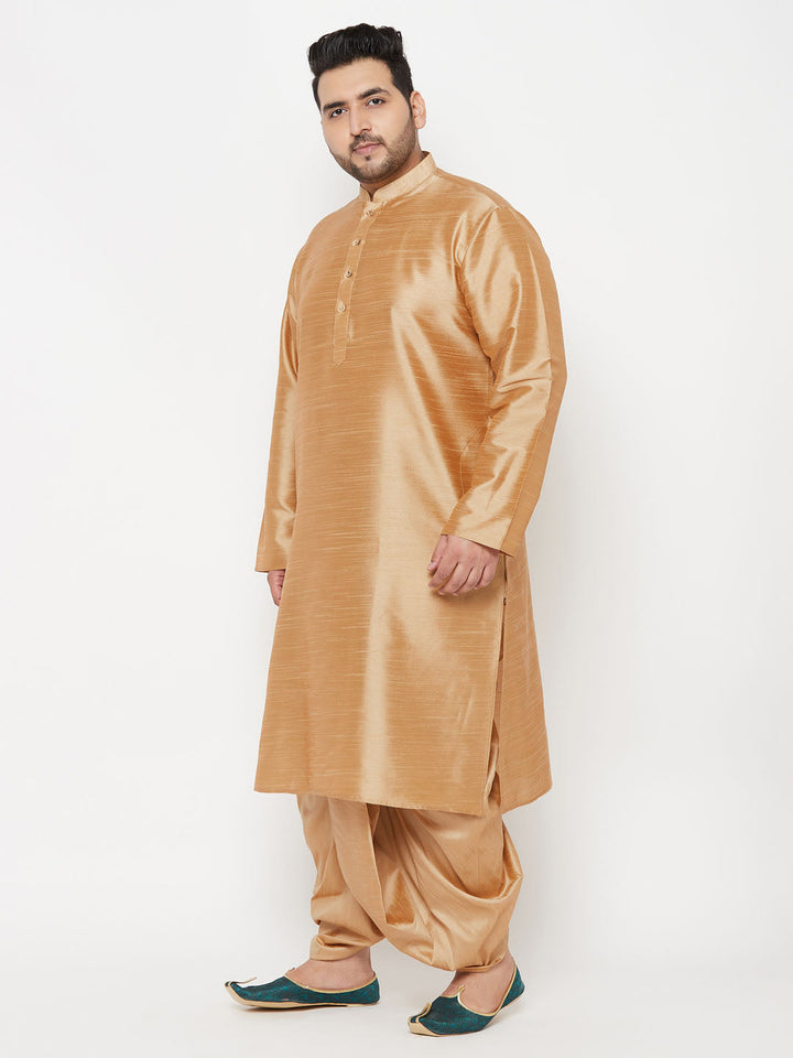 VASTRAMAY Men's Plus Size Rose Gold Silk Blend Kurta And Rose Gold Dhoti Set