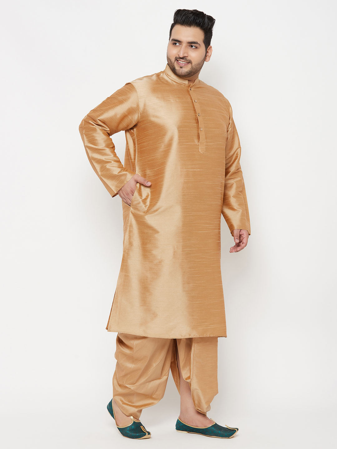 VASTRAMAY Men's Plus Size Rose Gold Silk Blend Kurta And Rose Gold Dhoti Set for a sophisticated and stylish traditional Indian outfit