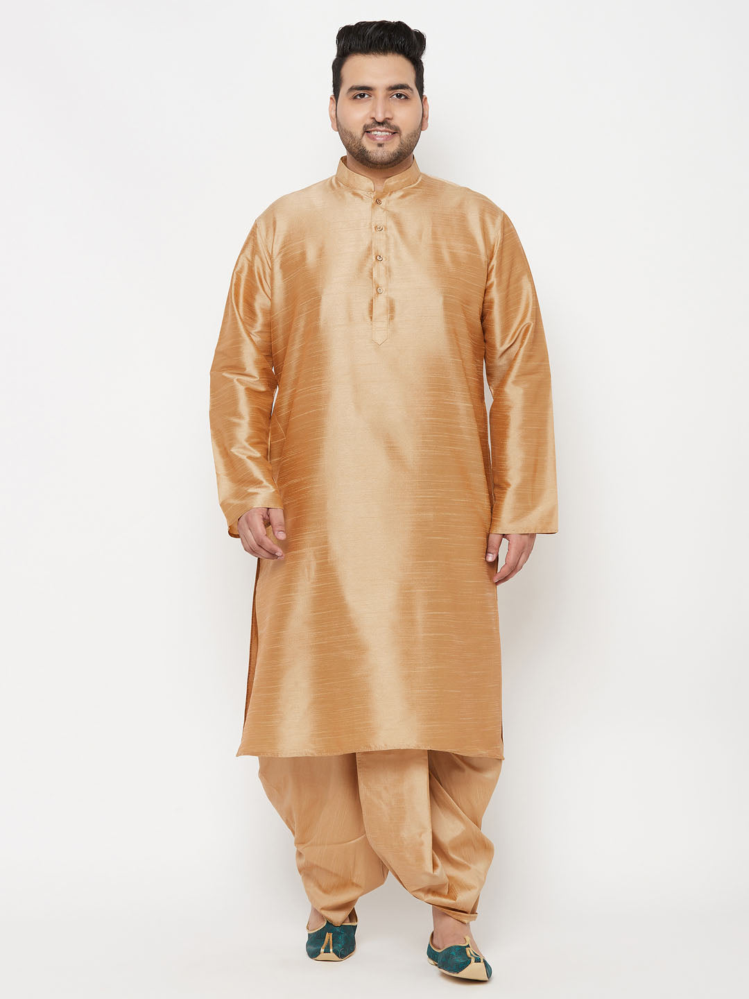 VASTRAMAY Men's Plus Size Rose Gold Silk Blend Kurta And Rose Gold Dhoti Set, traditional Indian attire for special occasions and weddings