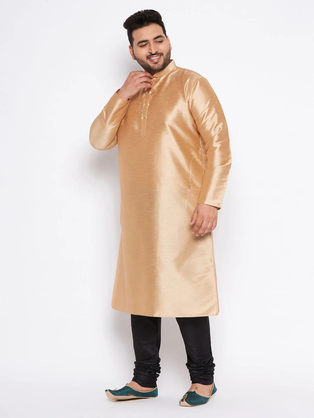Men's Plus Size Rose Gold Silk Blend Kurta And Black Pyjama Set