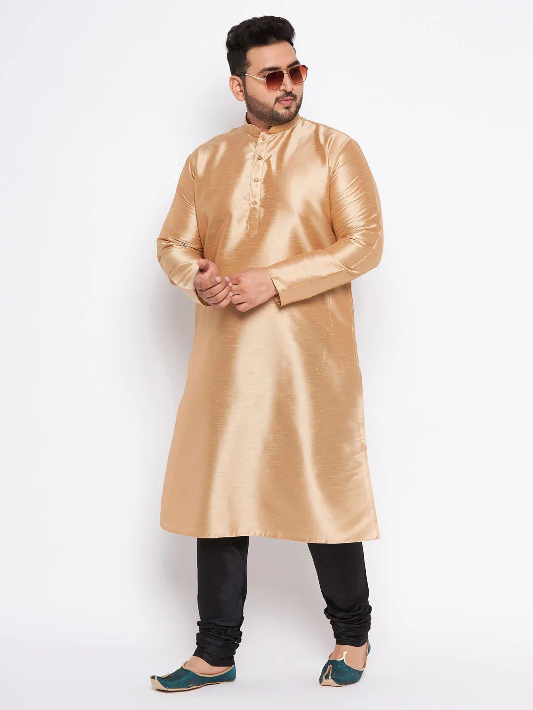 Men's Plus Size Rose Gold Silk Blend Kurta And Black Pyjama Set