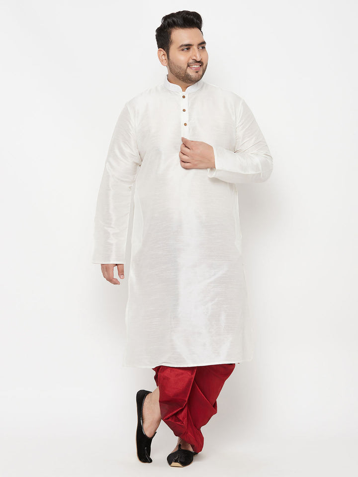 VASTRAMAY Men's Plus Size White Silk Blend Kurta And Maroon Solid Dhoti Set