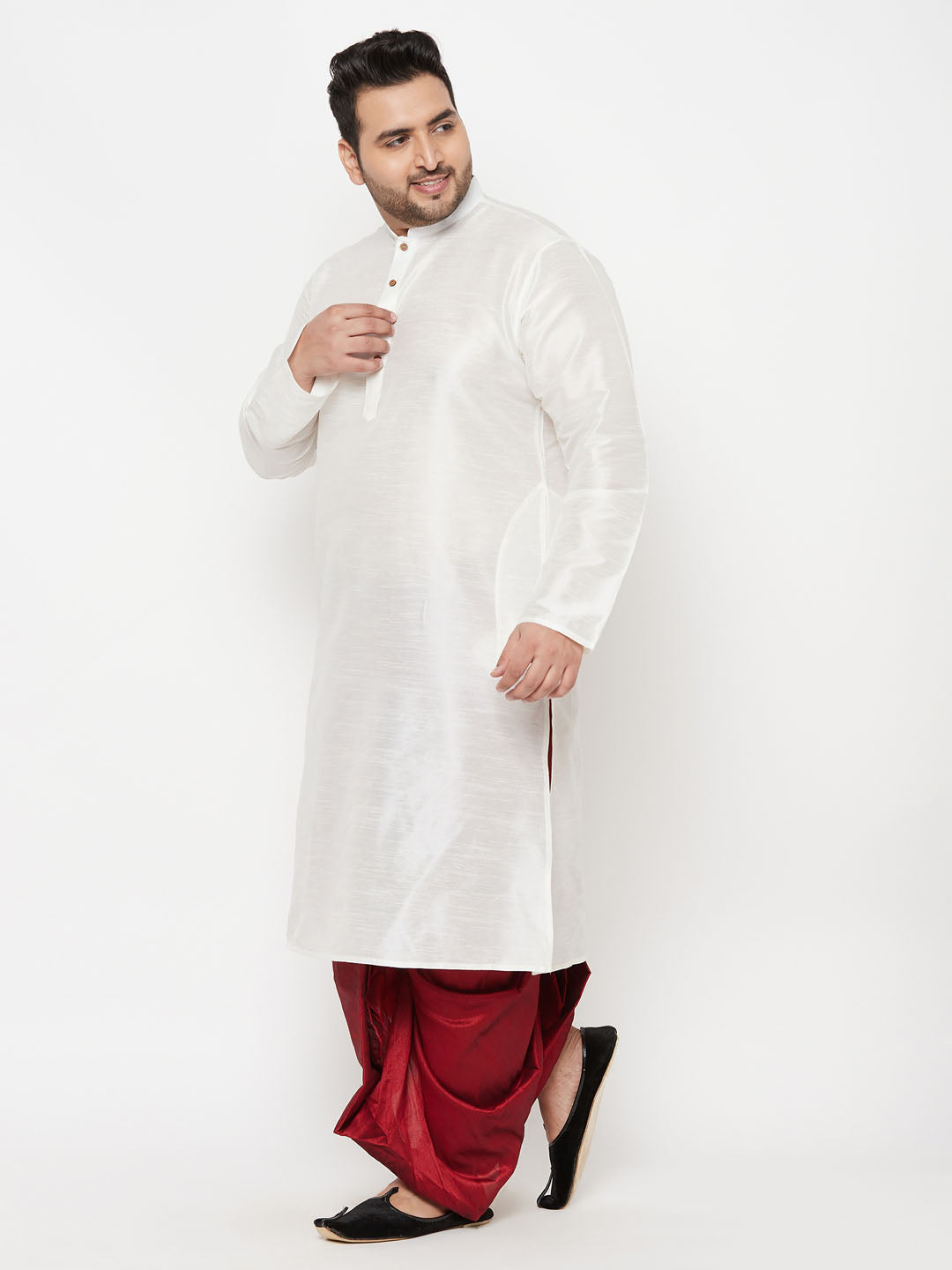 VASTRAMAY Men's Plus Size White Silk Blend Kurta And Maroon Solid Dhoti Set