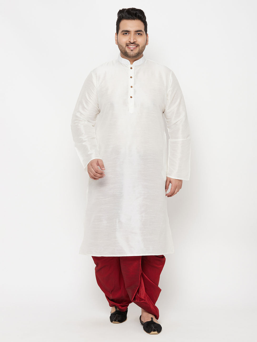 VASTRAMAY Men's Plus Size White Silk Blend Kurta And Maroon Solid Dhoti Set