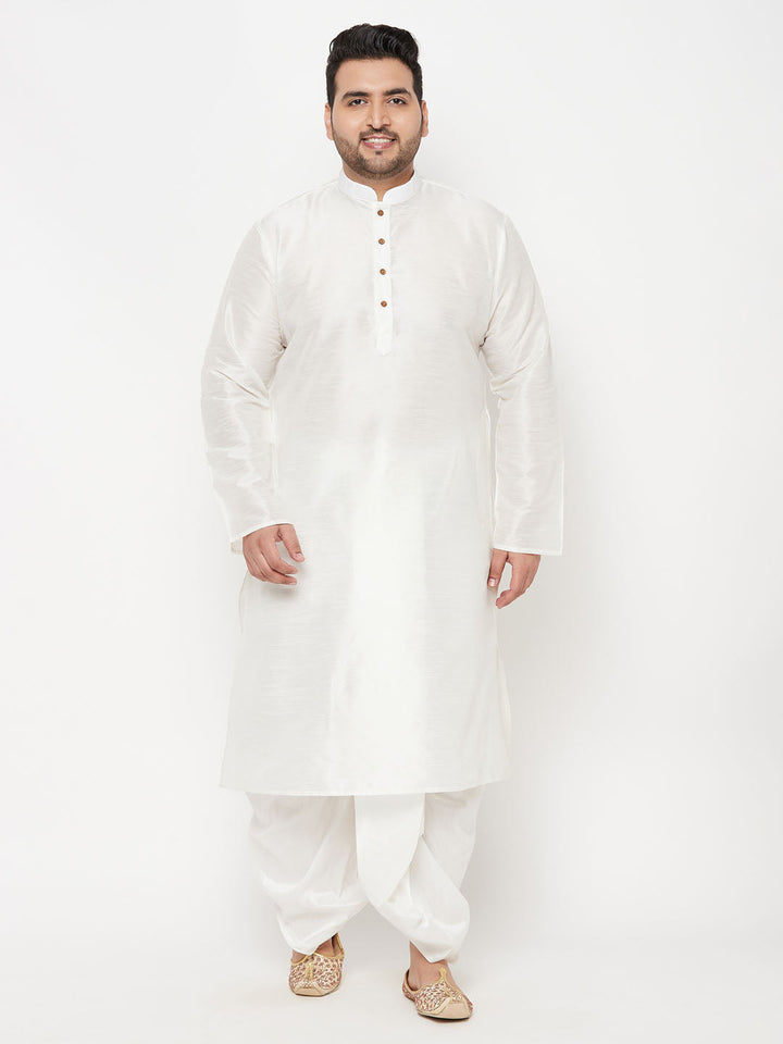 VASTRAMAY Men's Plus Size White Cotton Blend Kurta And White Dhoti Set, front view with intricate embroidery and mandarin collar