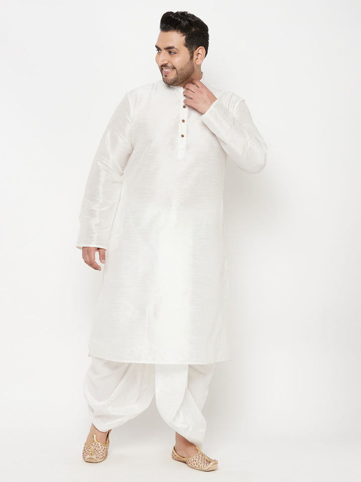 VASTRAMAY Men's Plus Size White Cotton Blend Kurta And White Dhoti Set for a traditional and stylish Indian ethnic look