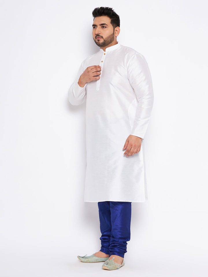 VASTRAMAY Men's Plus Size White Silk Blend Kurta And Blue Pyjama Set