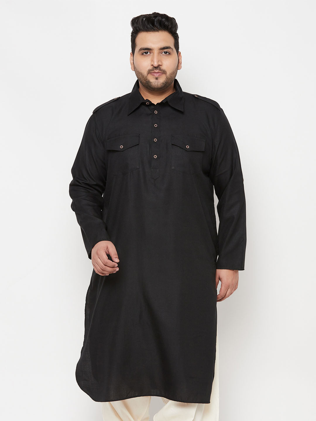 VASTRAMAY Men's Plus Size Black Cotton Blend Pathani Kurta