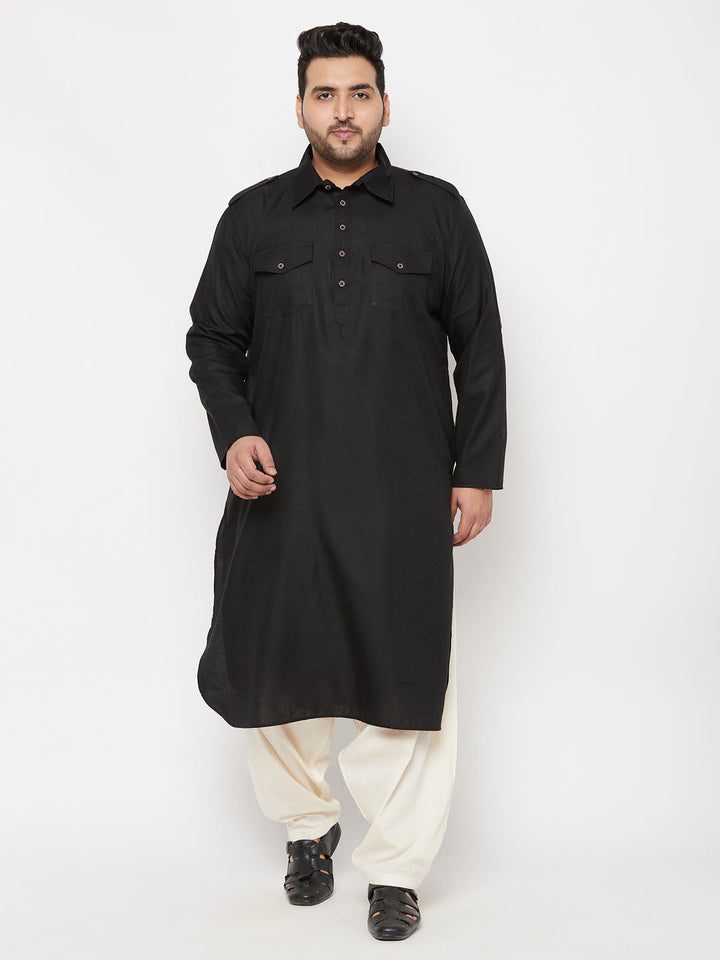 VASTRAMAY Men's Plus Size Black and Cream Cotton Blend Pathani Set