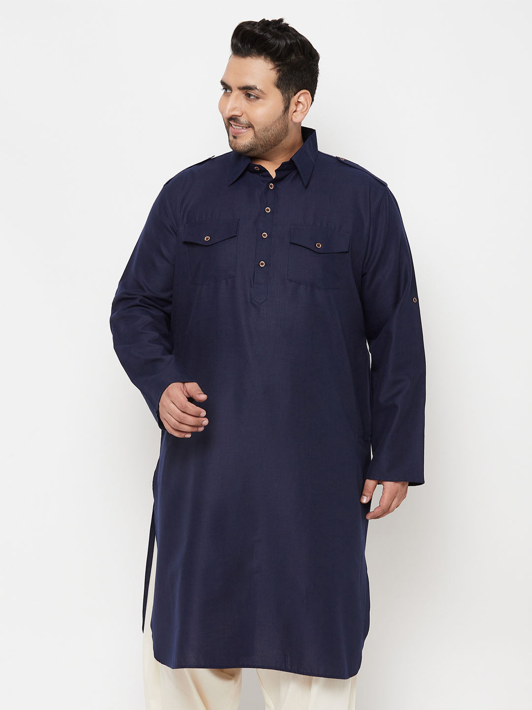 VASTRAMAY Men's Plus Size Blue Pathani Kurta, traditional Indian attire for men, featuring a loose fit and intricate embroidery details